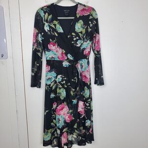 Kate Lily Midi Dress Asymmetrical Hem Ruffle Sheer Sleeves Dark Florals WOmens 4